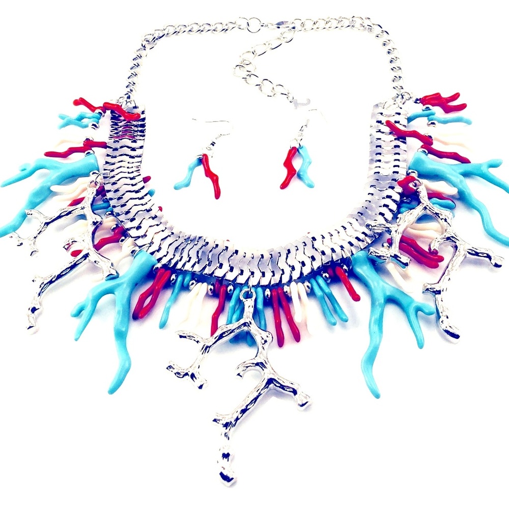 RUNWAY FAUX CORAL NECKLACE EARRINGS RED BLUE WHITE